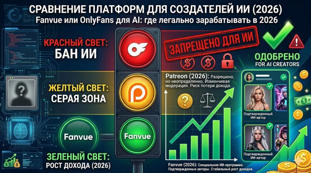 Fanvue Или Onlyfans Для Ai: Где Легально Зарабатывать В 2026[🖼️ Иллюстрация: Инфографика-Сравнение Трех Платформ В Виде Светофора: Onlyfans (Красный, Бан), Patreon (Желтый, Серая Зона), Fanvue (Зеленый, Рост Дохода)]