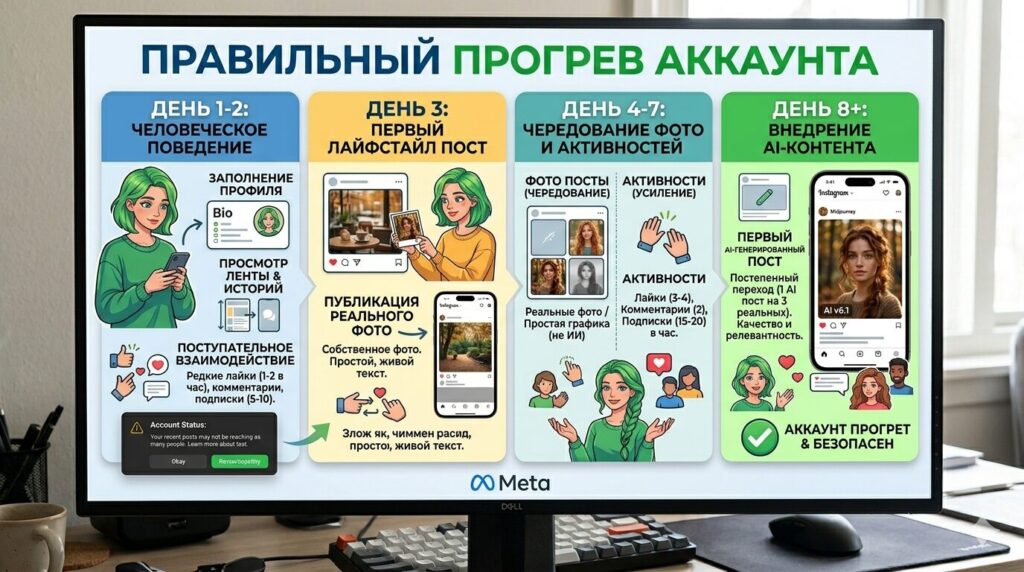 Создание Ai-Модели С Нуля — Как Запустить Faceless-Проект Без Бана В 2026[🖼️ Иллюстрация: Схема &Quot;Правильный Прогрев Аккаунта&Quot;: День 1-2 (Человеческое Поведение) -&Gt; День 3 (Первый Лайфстайл Пост) -&Gt; День 4-7 (Чередование Фото И Активностей) -&Gt; День 8+ (Внедрение Ai-Контента)]