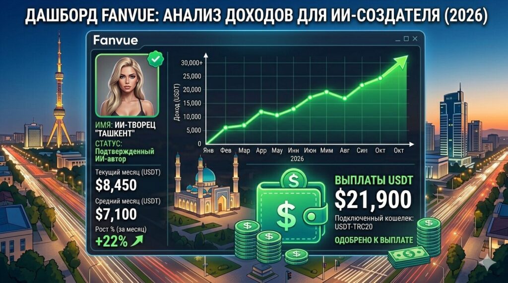 Fanvue Или Onlyfans Для Ai: Где Легально Зарабатывать В 2026[🖼️ Иллюстрация: Скриншот Дашборда Fanvue С Растущим Графиком Доходов И Иконкой Usdt-Кошелька На Фоне Вечерних Видов Ташкента]
