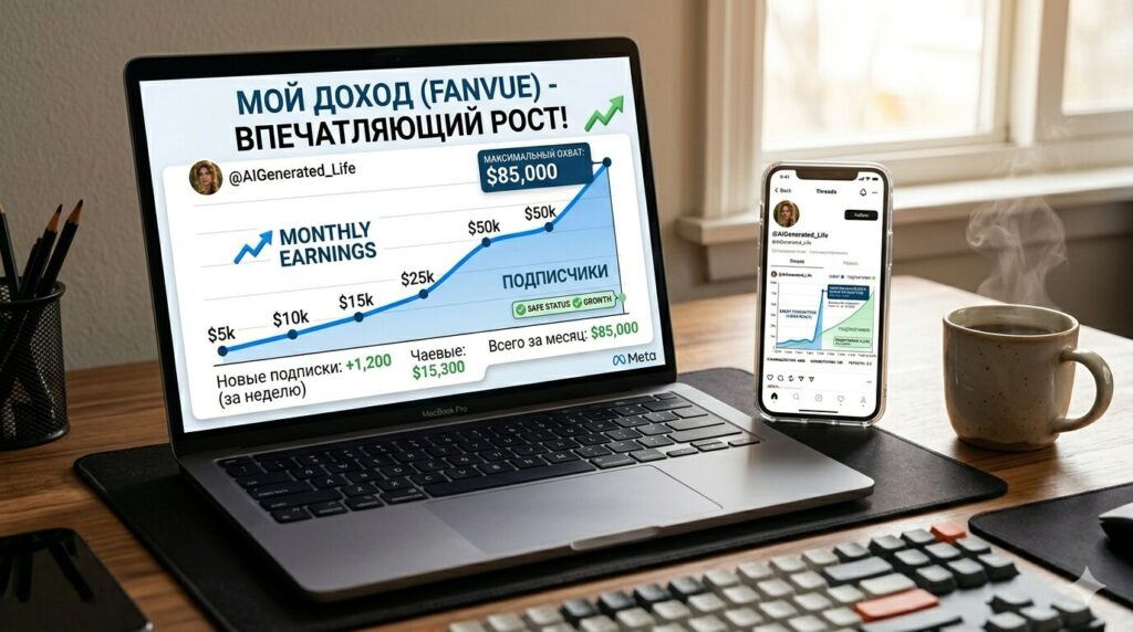 [🖼️ Иллюстрация: Эмоциональный Визуал — Ноутбук С Открытым Дашбордом Fanvue, Где Виден График Растущего Дохода, Рядом Лежит Смартфон С Открытым Threads И Чашка Кофе]Создание Ai-Модели С Нуля — Как Запустить Faceless-Проект Без Бана В 2026
