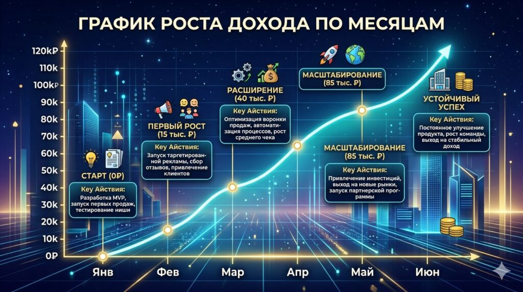 Заработок На Нейрофото И Нейровидео: 5 Рабочих Моделей 2026 6 Заработок На Нейрофото И Нейровидео: 5 Рабочих Моделей 2026График Роста Дохода По Месяцам: 0₽ → 15 Тыс → 40 Тыс → 85 Тыс С Подписями Ключевых Действий На Каждом Этапе