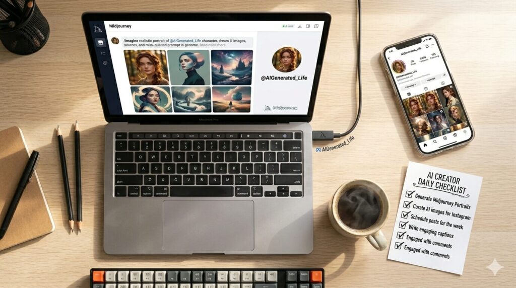 [🖼️ Иллюстрация: Эстетичный Flatlay На Столе: Ноутбук С Открытым Midjourney, Смартфон С Инстаграмом, Чашка Кофе И Распечатанный Чек-Лист С Галочками]Создание Ai-Модели С Нуля — Как Запустить Faceless-Проект Без Бана В 2026

