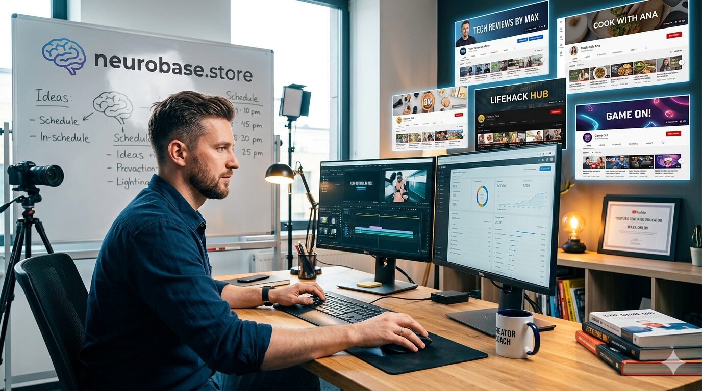 Фото Марка Орлова За Работой, На Фоне — Логотип Neurobase.store И Скриншоты Youtube-Каналов Учеников