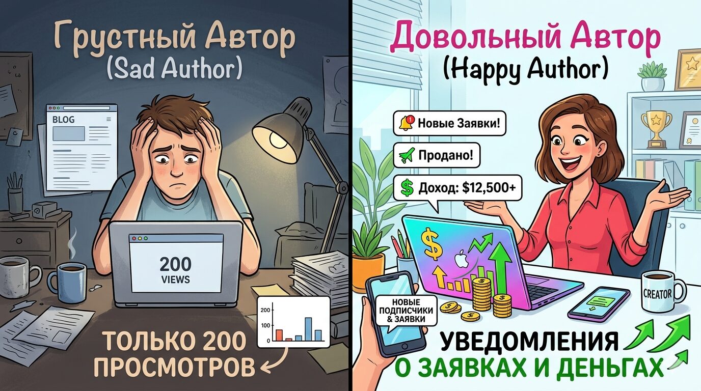  Сплит-Скрин — Слева Грустный Автор С 200 Просмотрами, Справа Довольный Автор С Уведомлениями О Заявках И Деньгах На Счёте