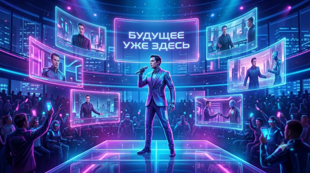  Эмоциональный Визуал — Нейро-Актер На Сцене В Неоновом Свете, Вокруг Голографические Экраны С Кадрами Клипа, Атмосфера «Будущее Уже Здесь