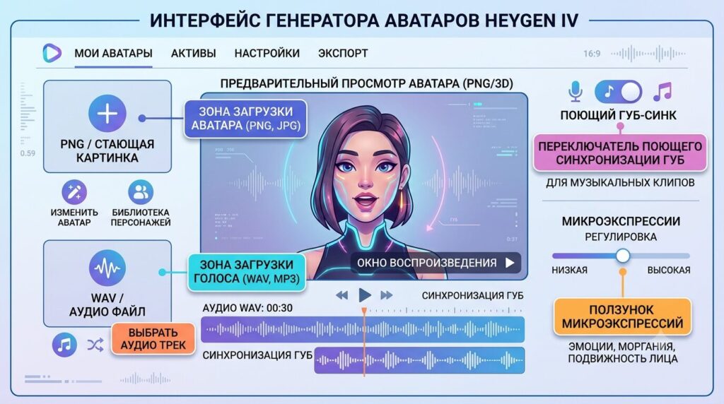 [🖼️ Иллюстрация: Скриншот-Схема Интерфейса Heygen Avatar Iv С Подписанными Зонами: Куда Грузить Png, Куда Wav, Где Переключатель Singing Lip Sync, Где Ползунок Micro-Expressions]