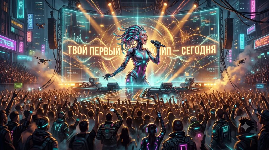 [🖼️ Иллюстрация: Эмоциональный Визуал — Ии-Артист На Сцене, Неоновый Свет, Толпа, На Экране За Ним Текст «Твой Первый Клип — Сегодня». Стиль: Киберпанк, Тёплые Акценты]